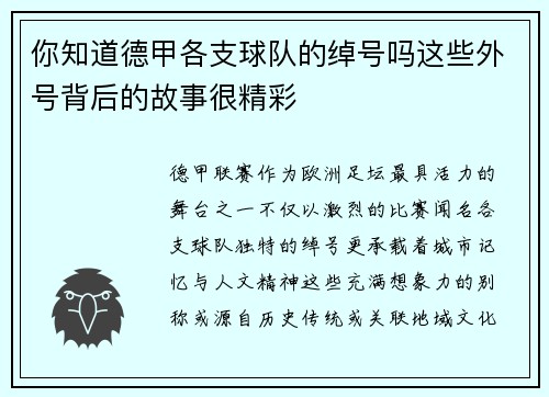 你知道德甲各支球队的绰号吗这些外号背后的故事很精彩