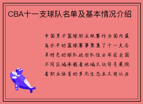 CBA十一支球队名单及基本情况介绍