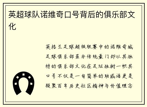 英超球队诺维奇口号背后的俱乐部文化