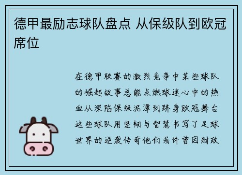 德甲最励志球队盘点 从保级队到欧冠席位